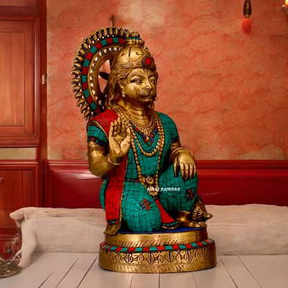 Large Brass Hanuman blessing Idol with Stone Work - 48.5 cm Nikuressence