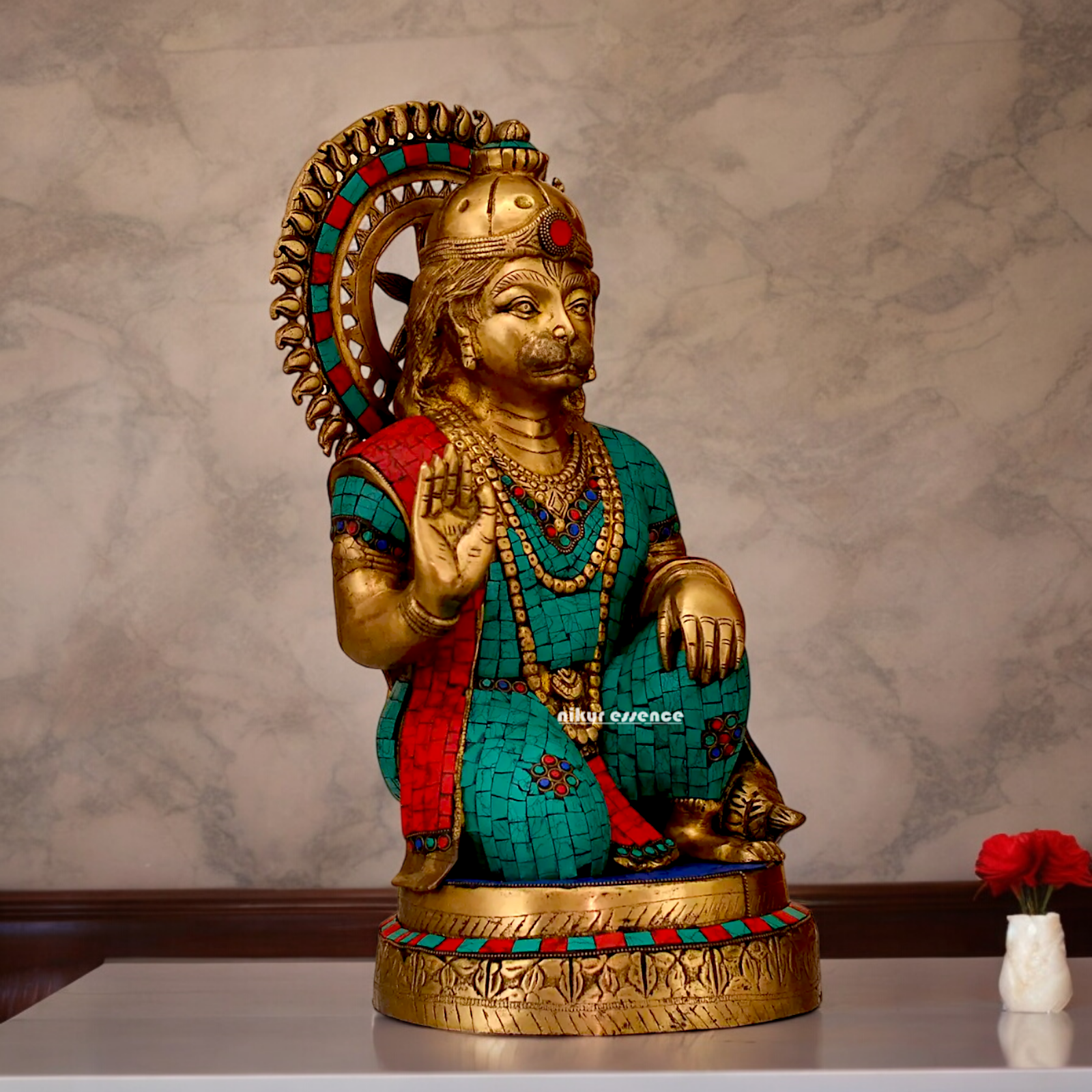 Large Brass Hanuman blessing Idol with Stone Work - 48.5 cm Nikuressence