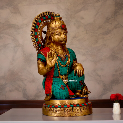 Large Brass Hanuman blessing Idol with Stone Work - 48.5 cm Nikuressence