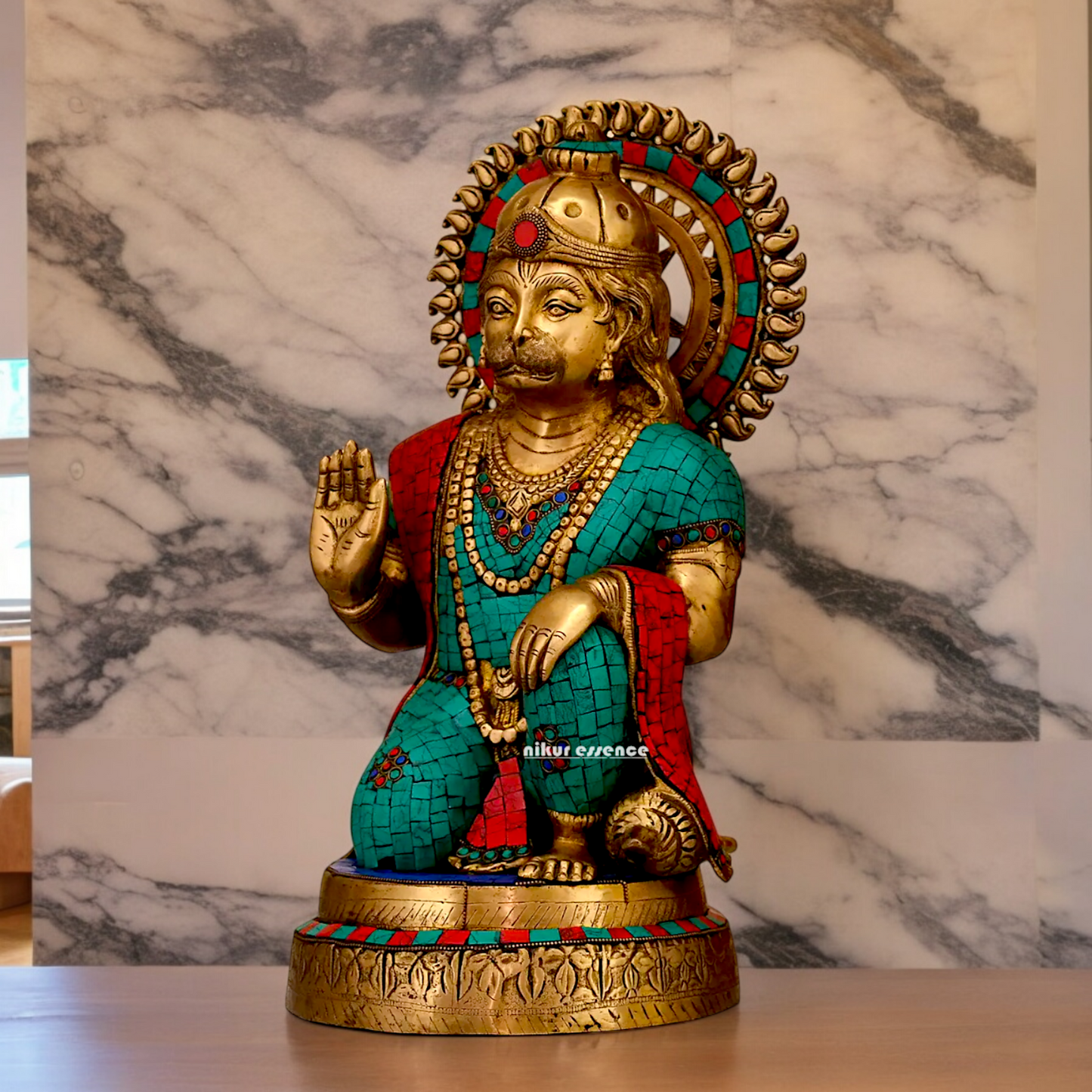 Large Brass Hanuman blessing Idol with Stone Work - 48.5 cm Nikuressence