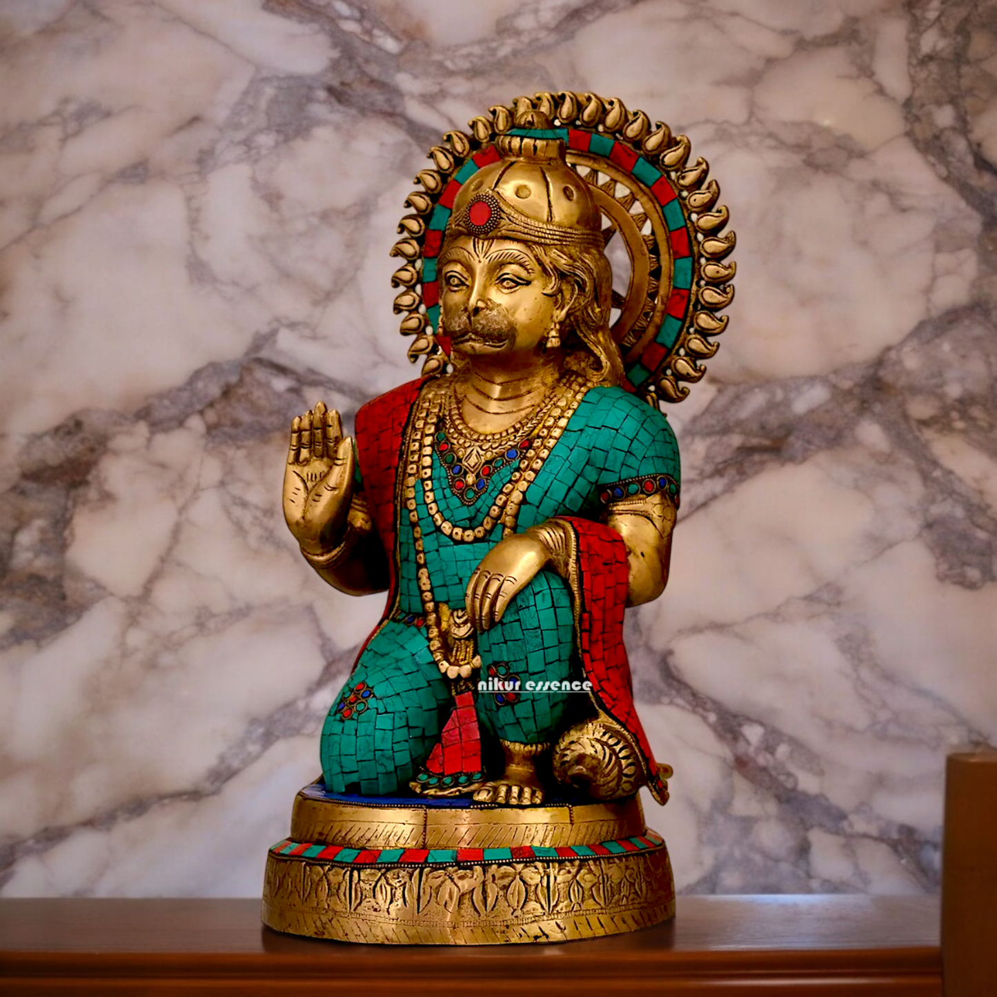 Large Brass Hanuman blessing Idol with Stone Work - 48.5 cm Nikuressence