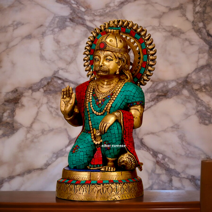 Large Brass Hanuman blessing Idol with Stone Work - 48.5 cm Nikuressence