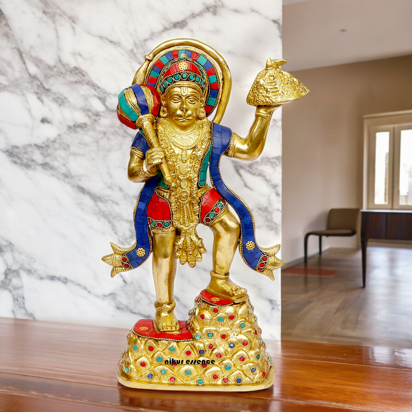 Buy Online Brass Hanuman Holding Sanjeevni Booti Idol with Stone Work - 37 cm Nikuressence