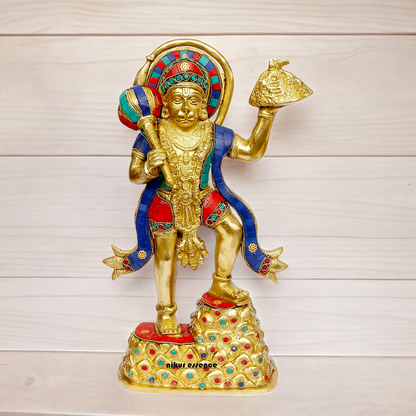 Buy Online Brass Hanuman Holding Sanjeevni Booti Idol with Stone Work - 37 cm Nikuressence