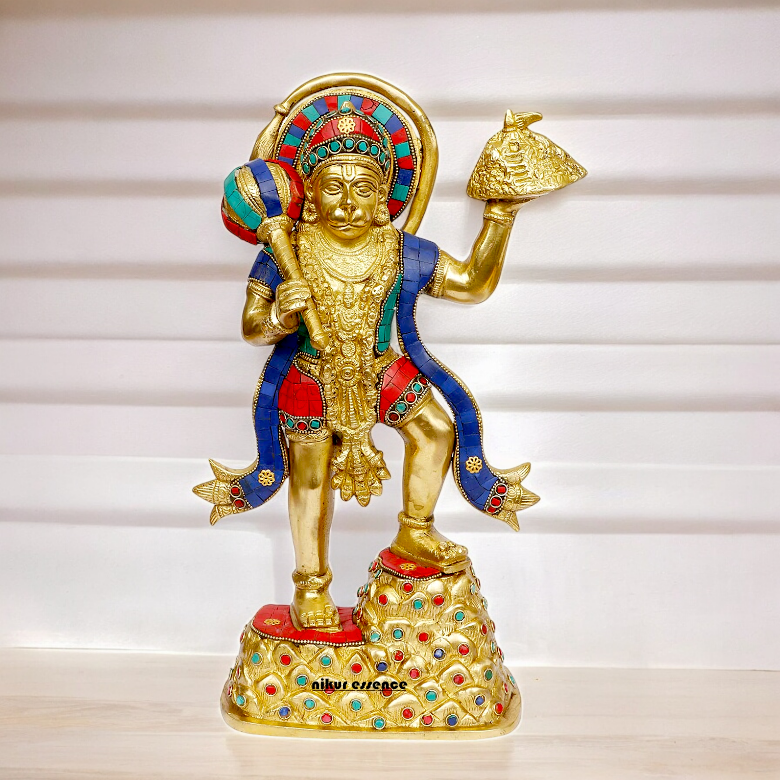 Buy Online Brass Hanuman Holding Sanjeevni Booti Idol with Stone Work - 37 cm Nikuressence