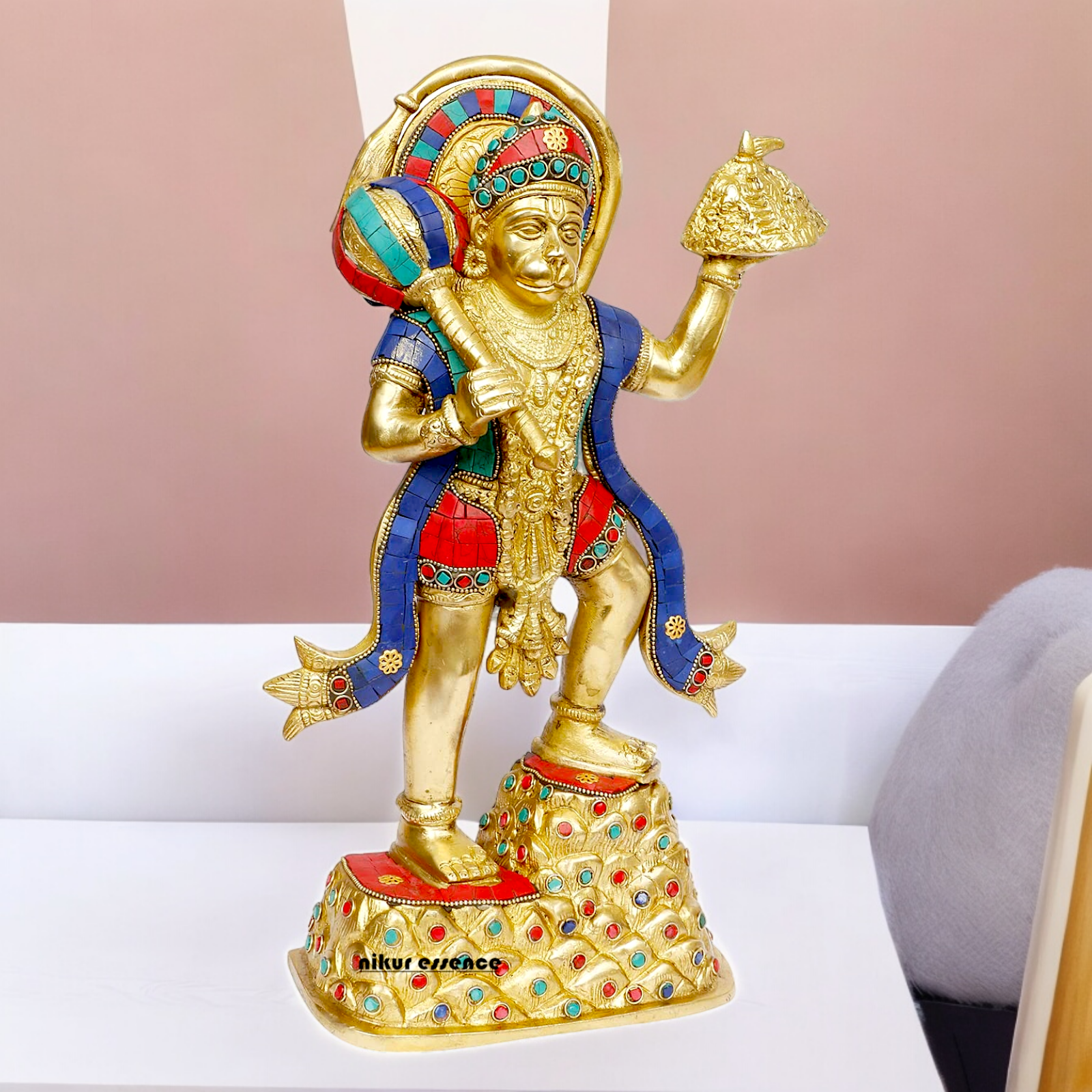 Buy Online Brass Hanuman Holding Sanjeevni Booti Idol with Stone Work - 37 cm Nikuressence