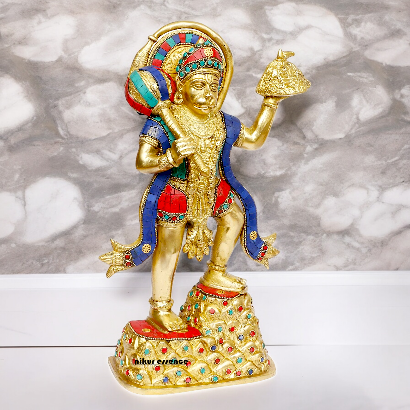 Buy Online Brass Hanuman Holding Sanjeevni Booti Idol with Stone Work - 37 cm Nikuressence