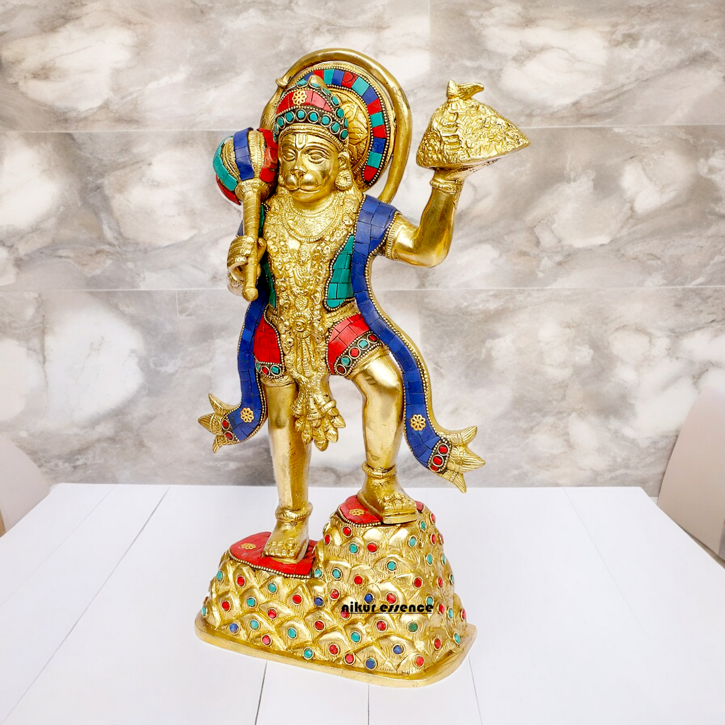 Buy Online Brass Hanuman Holding Sanjeevni Booti Idol with Stone Work - 37 cm Nikuressence