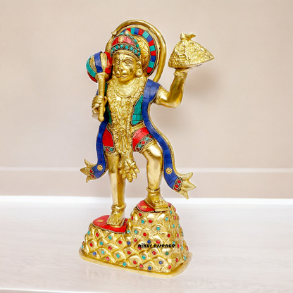 Buy Online Brass Hanuman Holding Sanjeevni Booti Idol with Stone Work - 37 cm Nikuressence