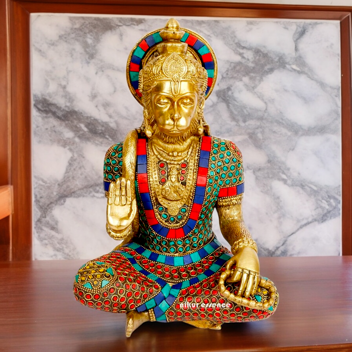 Large Brass Hanuman Monkey God Sitting with Stone Work - 27.9 cm Nikuressence