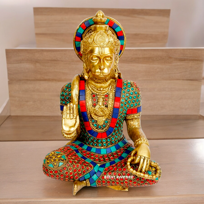 Large Brass Hanuman Monkey God Sitting with Stone Work - 27.9 cm Nikuressence