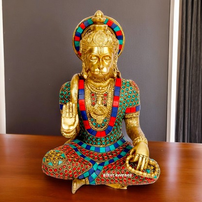 Large Brass Hanuman Monkey God Sitting with Stone Work - 27.9 cm Nikuressence