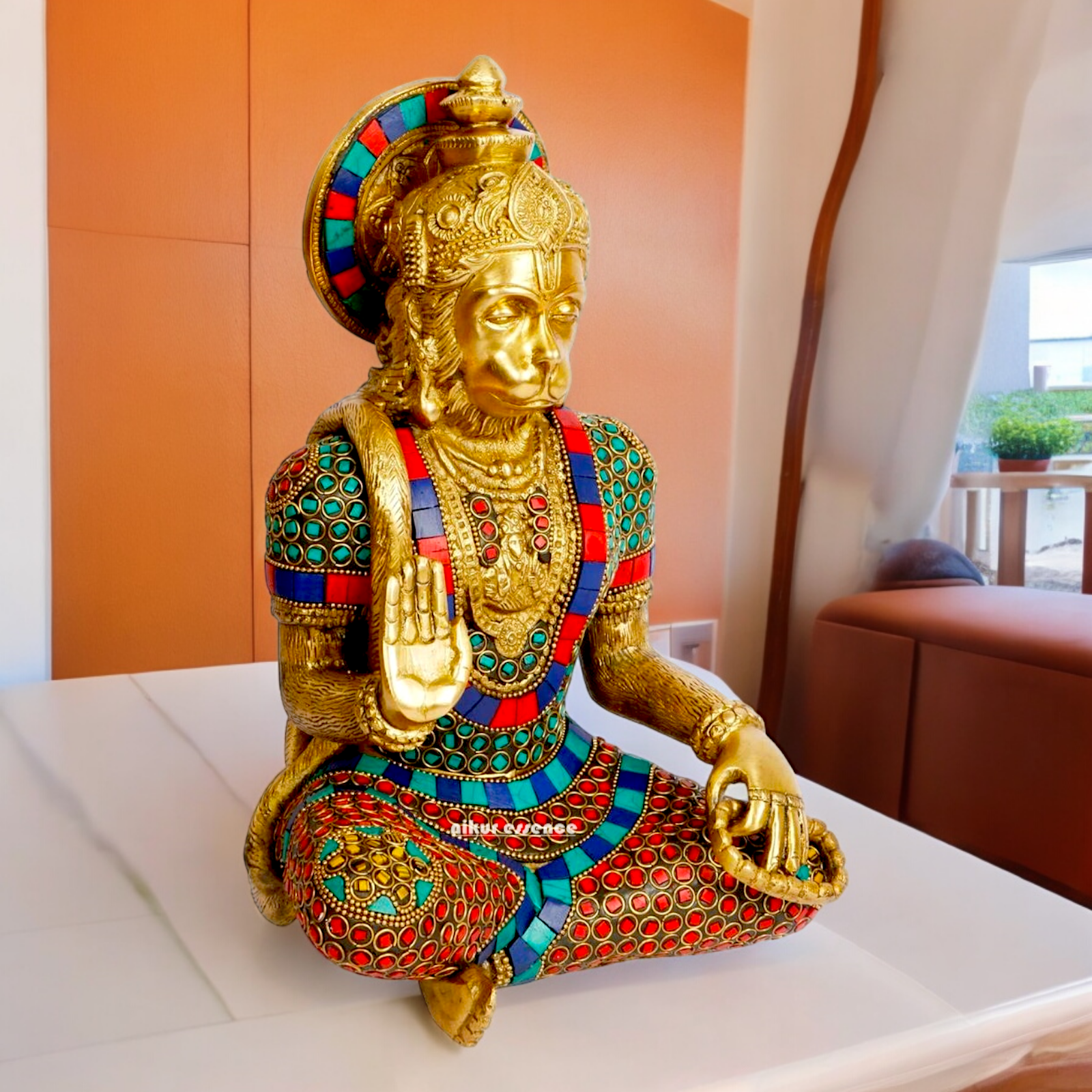 Large Brass Hanuman Monkey God Sitting with Stone Work - 27.9 cm Nikuressence