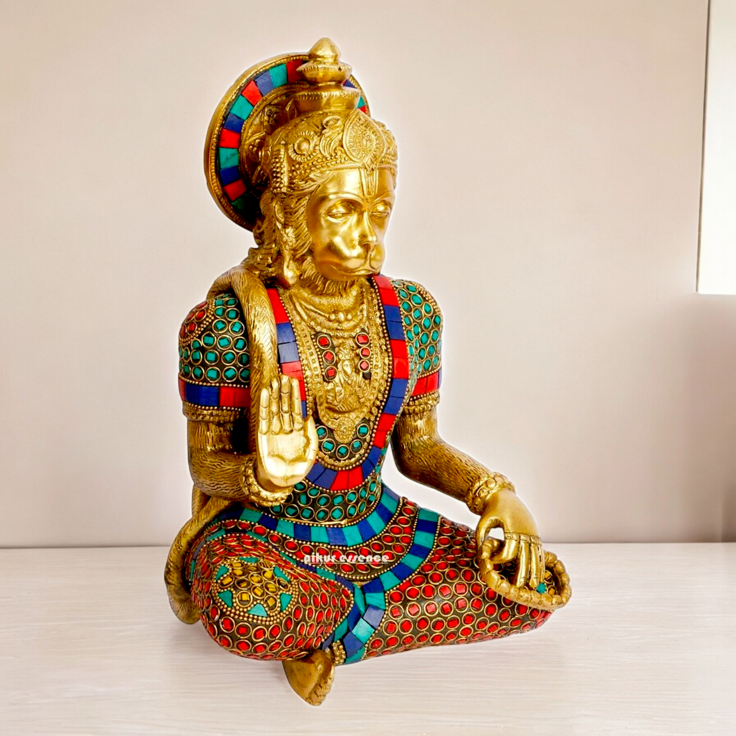 Large Brass Hanuman Monkey God Sitting with Stone Work - 27.9 cm Nikuressence