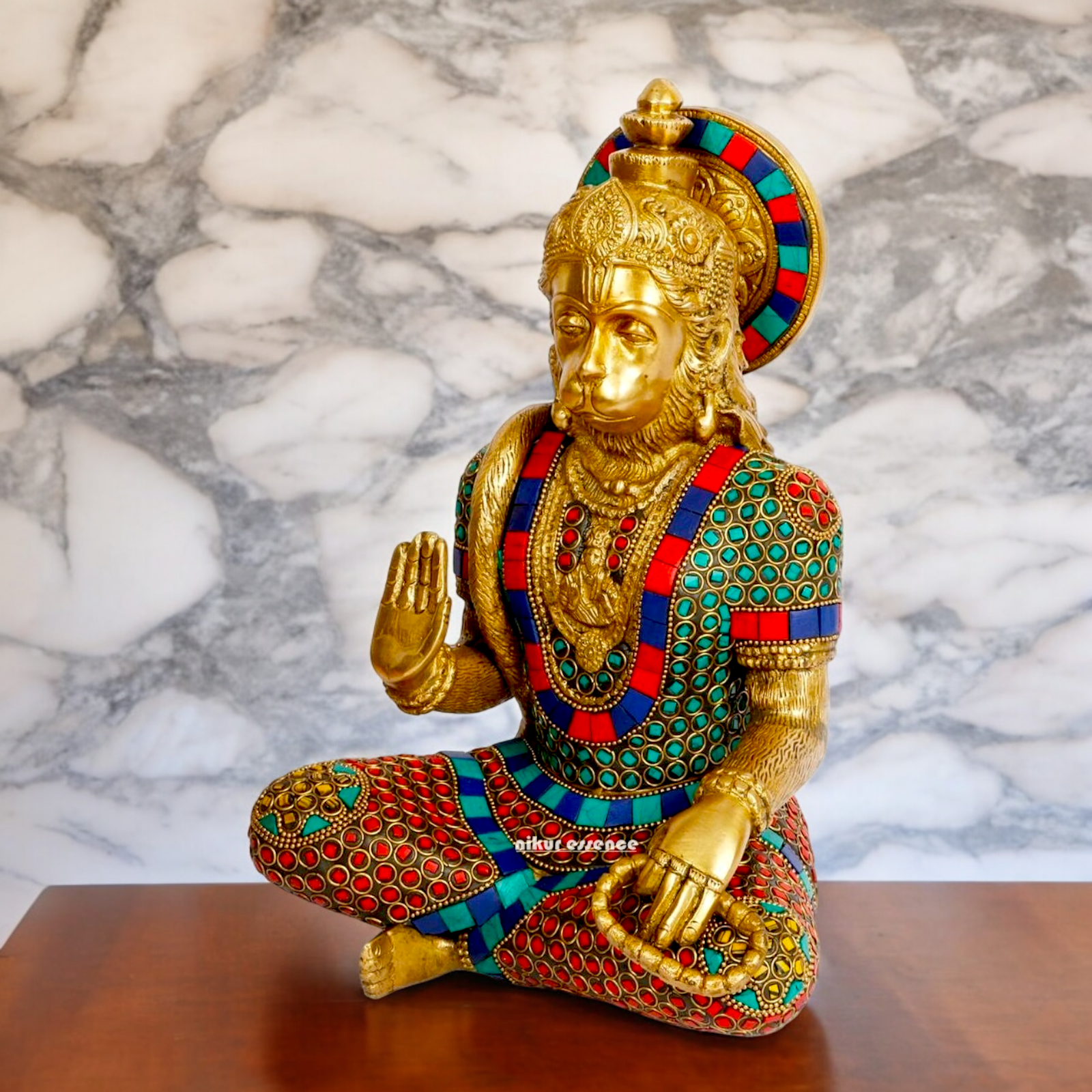Large Brass Hanuman Monkey God Sitting with Stone Work - 27.9 cm Nikuressence