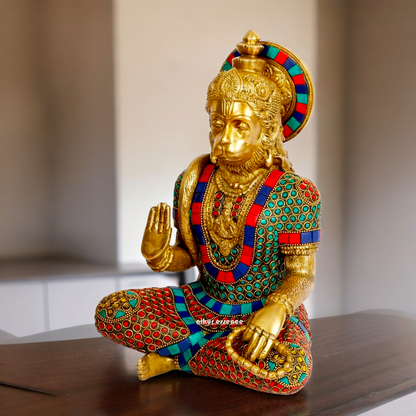 Large Brass Hanuman Monkey God Sitting with Stone Work - 27.9 cm Nikuressence