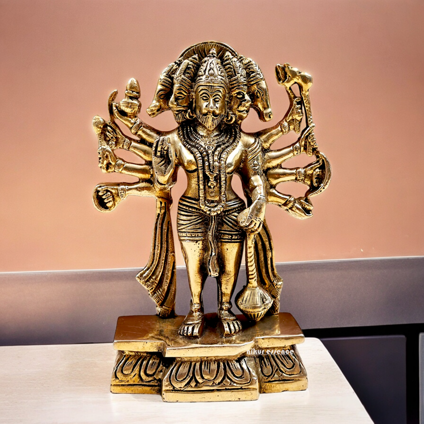 Pure Brass Panchmukhi Hanuman Standing with Gada Idol- 7.283 inches Nikuressence