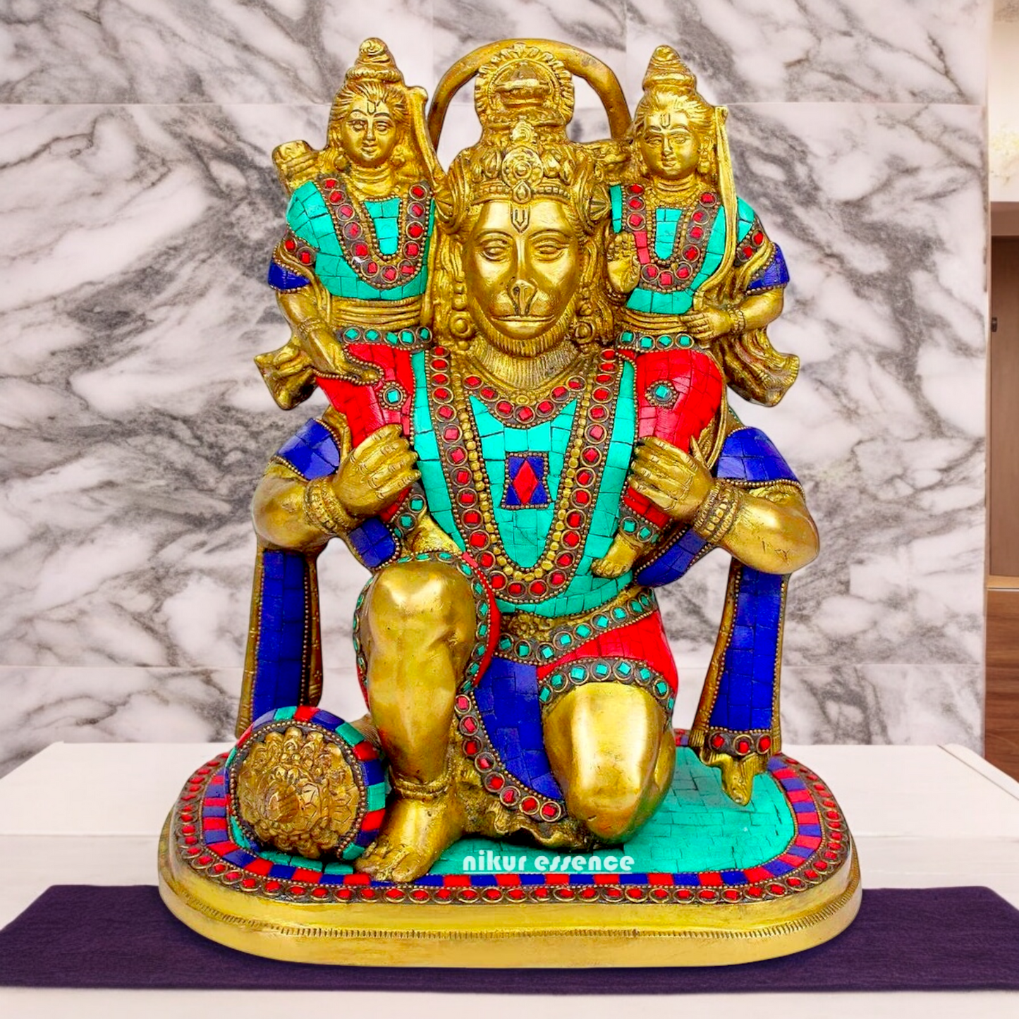 Online Brass Hanuman Carring Ram and Laxman on Shoulder idol with stone work - 12 Inch height Nikuressence