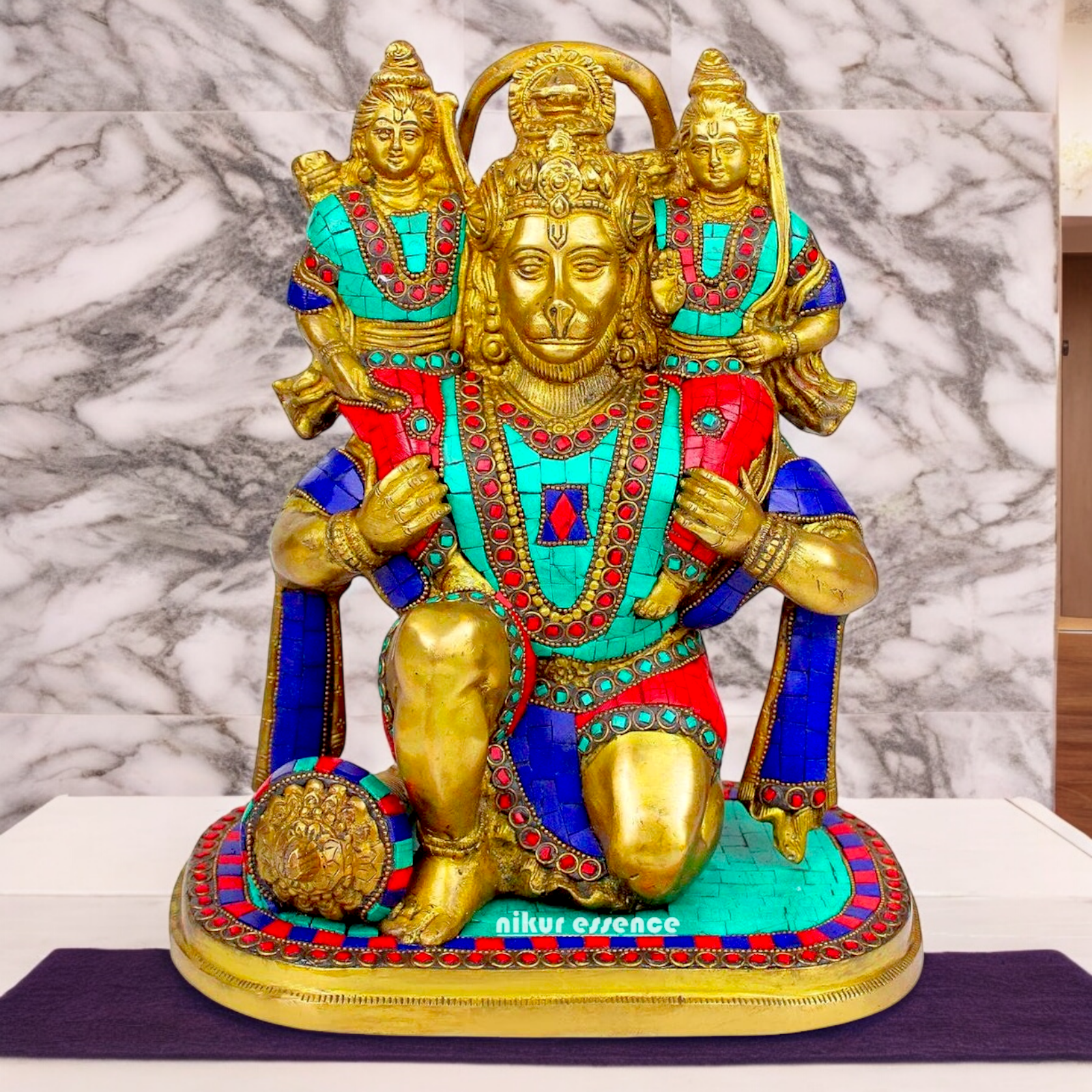 Online Brass Hanuman Carring Ram and Laxman on Shoulder idol with stone work - 12 Inch height Nikuressence