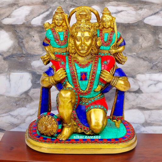 Online Brass Hanuman Carring Ram and Laxman on Shoulder idol with stone work - 12 Inch height Nikuressence
