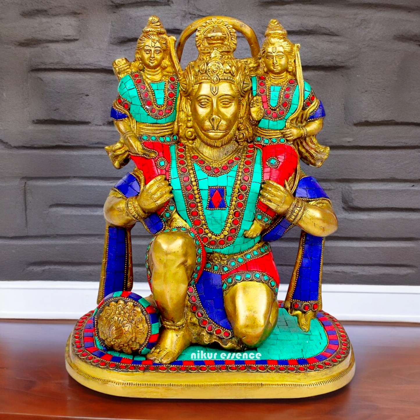 Online Brass Hanuman Carring Ram and Laxman on Shoulder idol with stone work - 12 Inch height Nikuressence