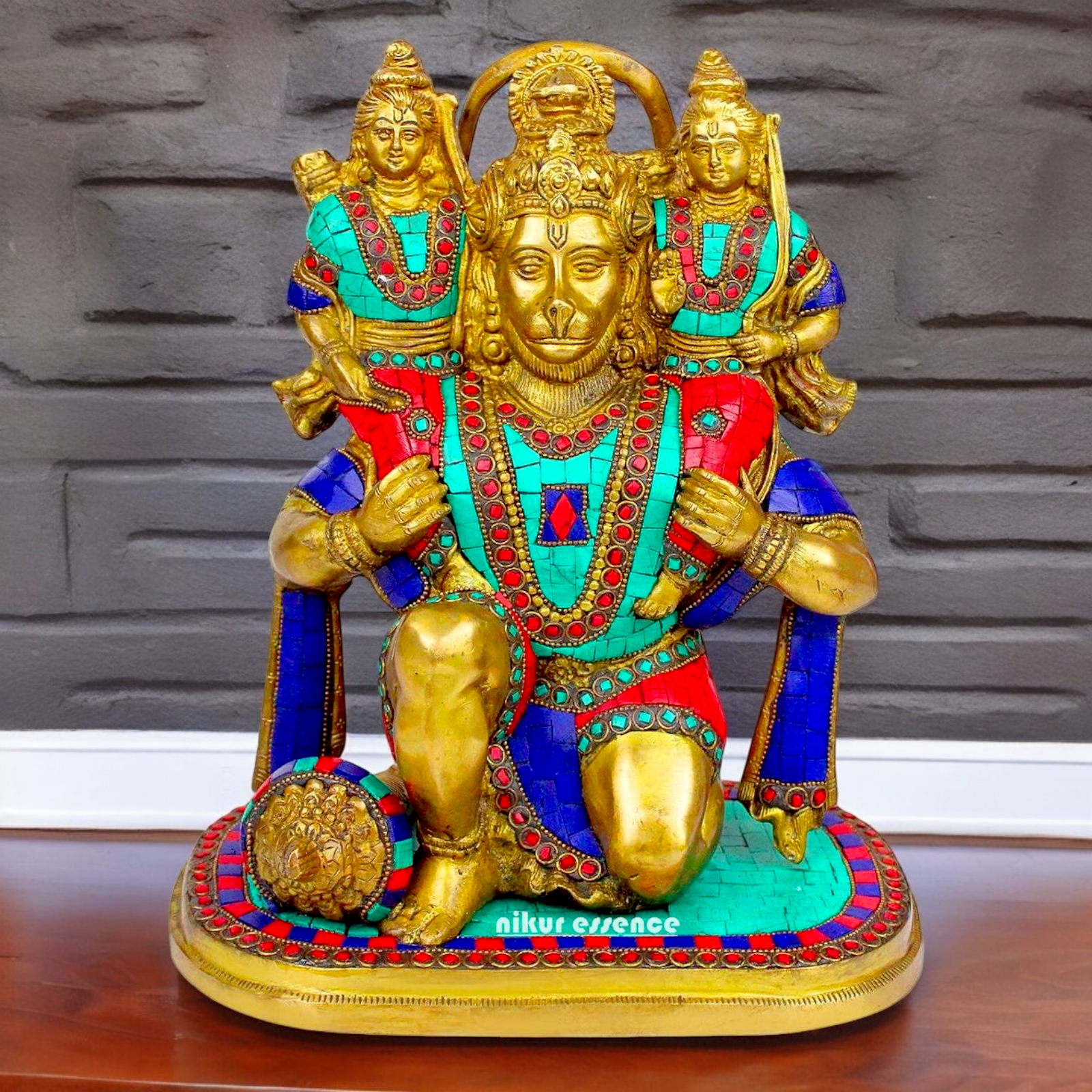 Online Brass Hanuman Carring Ram and Laxman on Shoulder idol with stone work - 12 Inch height Nikuressence