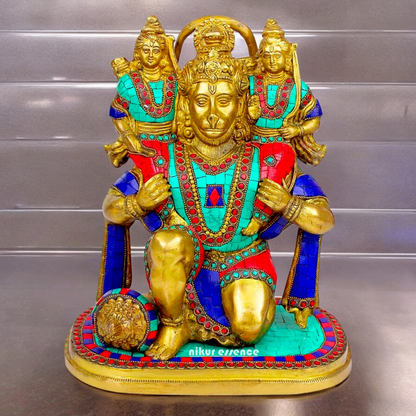 Online Brass Hanuman Carring Ram and Laxman on Shoulder idol with stone work - 12 Inch height Nikuressence