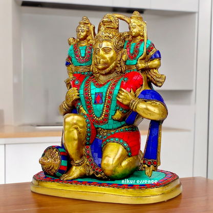 Online Brass Hanuman Carring Ram and Laxman on Shoulder idol with stone work - 12 Inch height Nikuressence