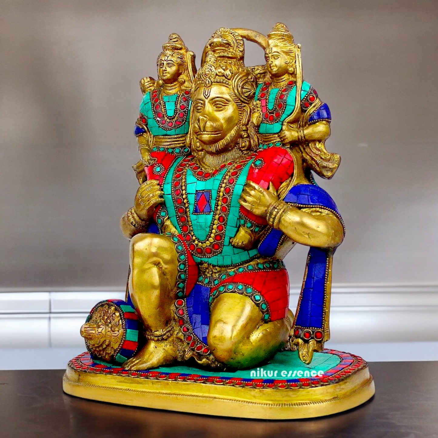 Online Brass Hanuman Carring Ram and Laxman on Shoulder idol with stone work - 12 Inch height Nikuressence