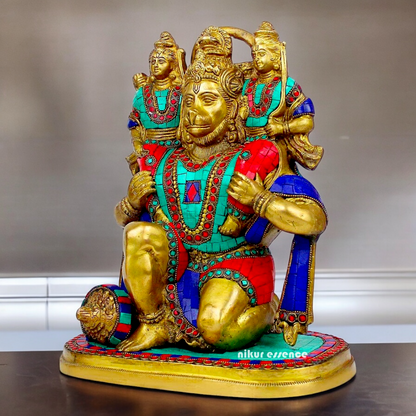 Online Brass Hanuman Carring Ram and Laxman on Shoulder idol with stone work - 12 Inch height Nikuressence