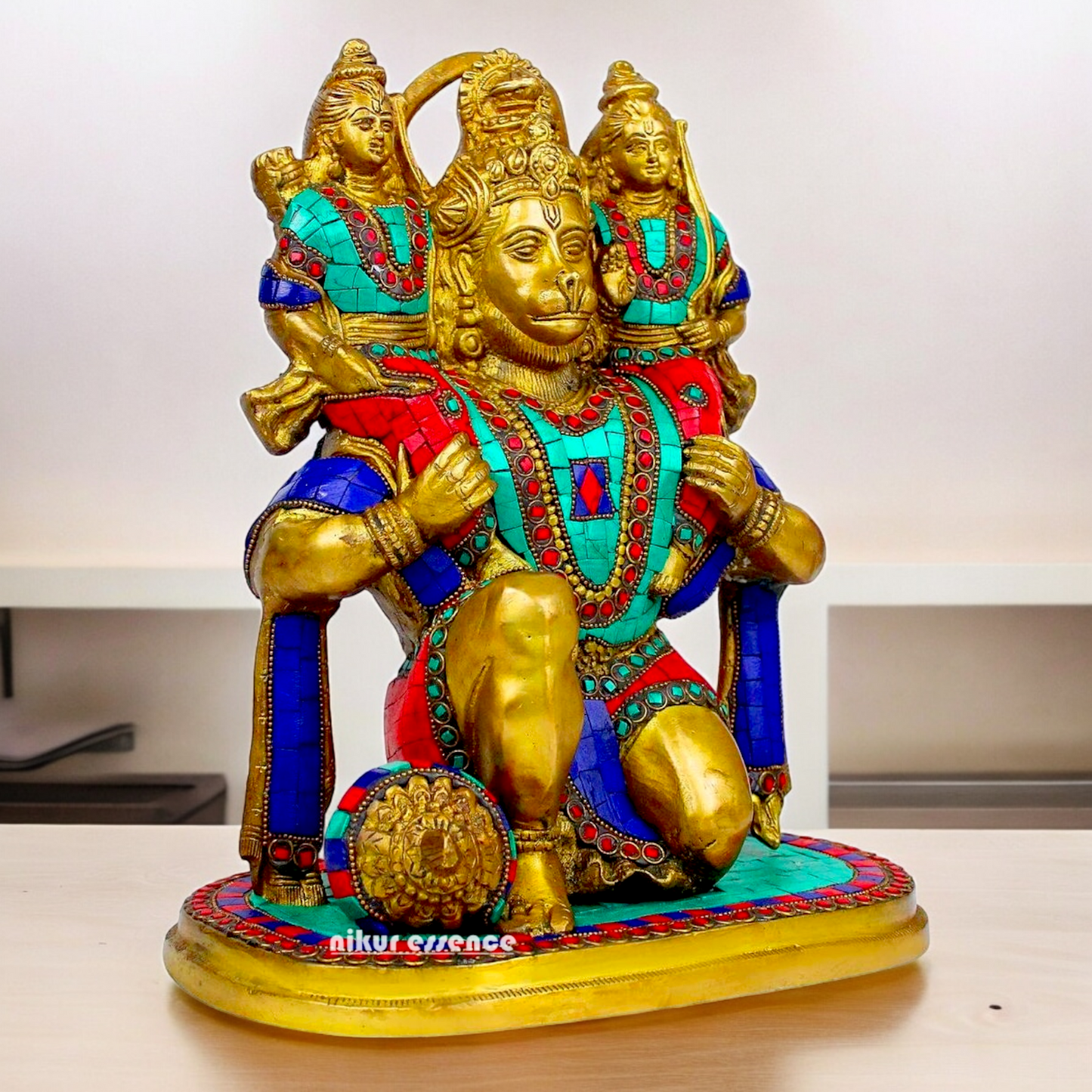 Online Brass Hanuman Carring Ram and Laxman on Shoulder idol with stone work - 12 Inch height Nikuressence