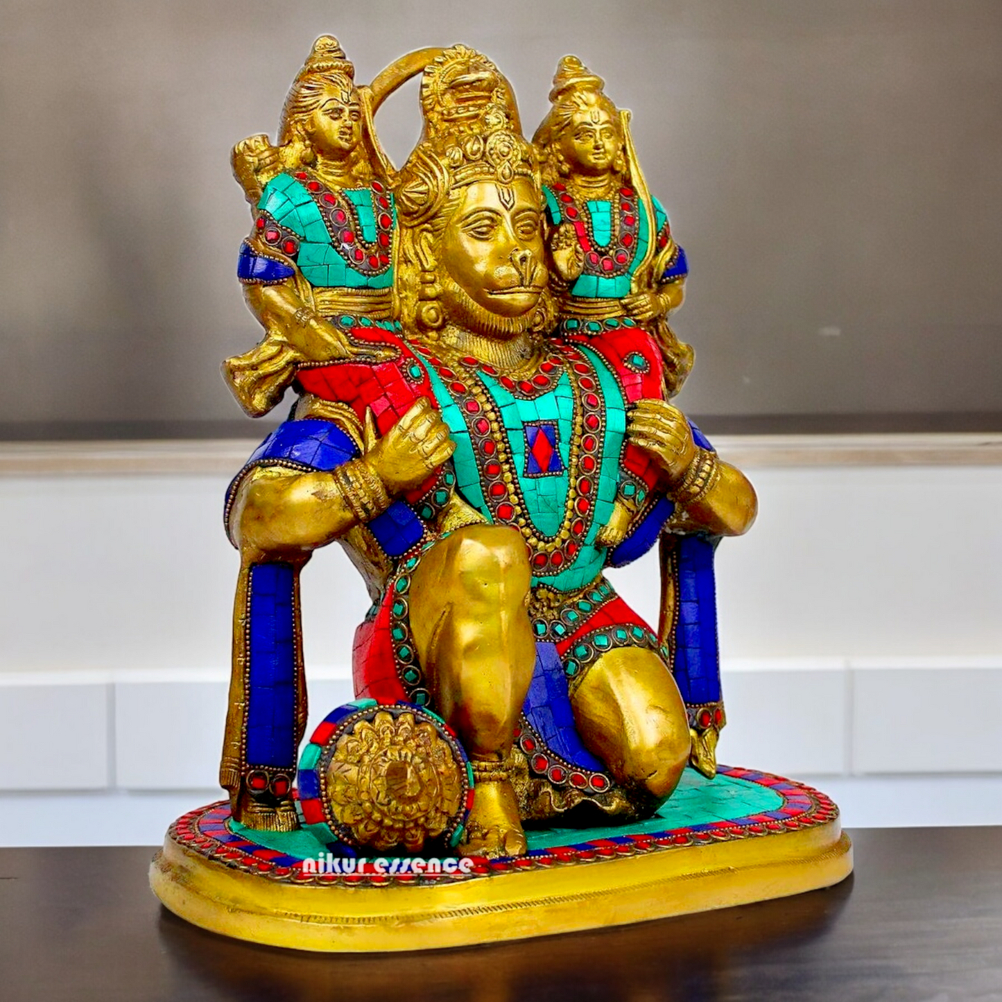 Online Brass Hanuman Carring Ram and Laxman on Shoulder idol with stone work - 12 Inch height Nikuressence