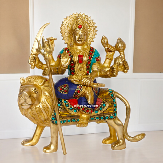 Pure Brass Sherwali Devi Maa Idol with Stone work - 9.5 Inch Nikuressence