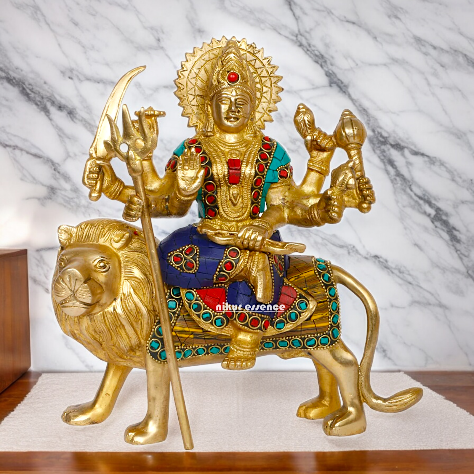 Pure Brass Sherwali Devi Maa Idol with Stone work - 9.5 Inch Nikuressence