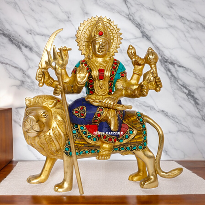 Pure Brass Sherwali Devi Maa Idol with Stone work - 9.5 Inch Nikuressence