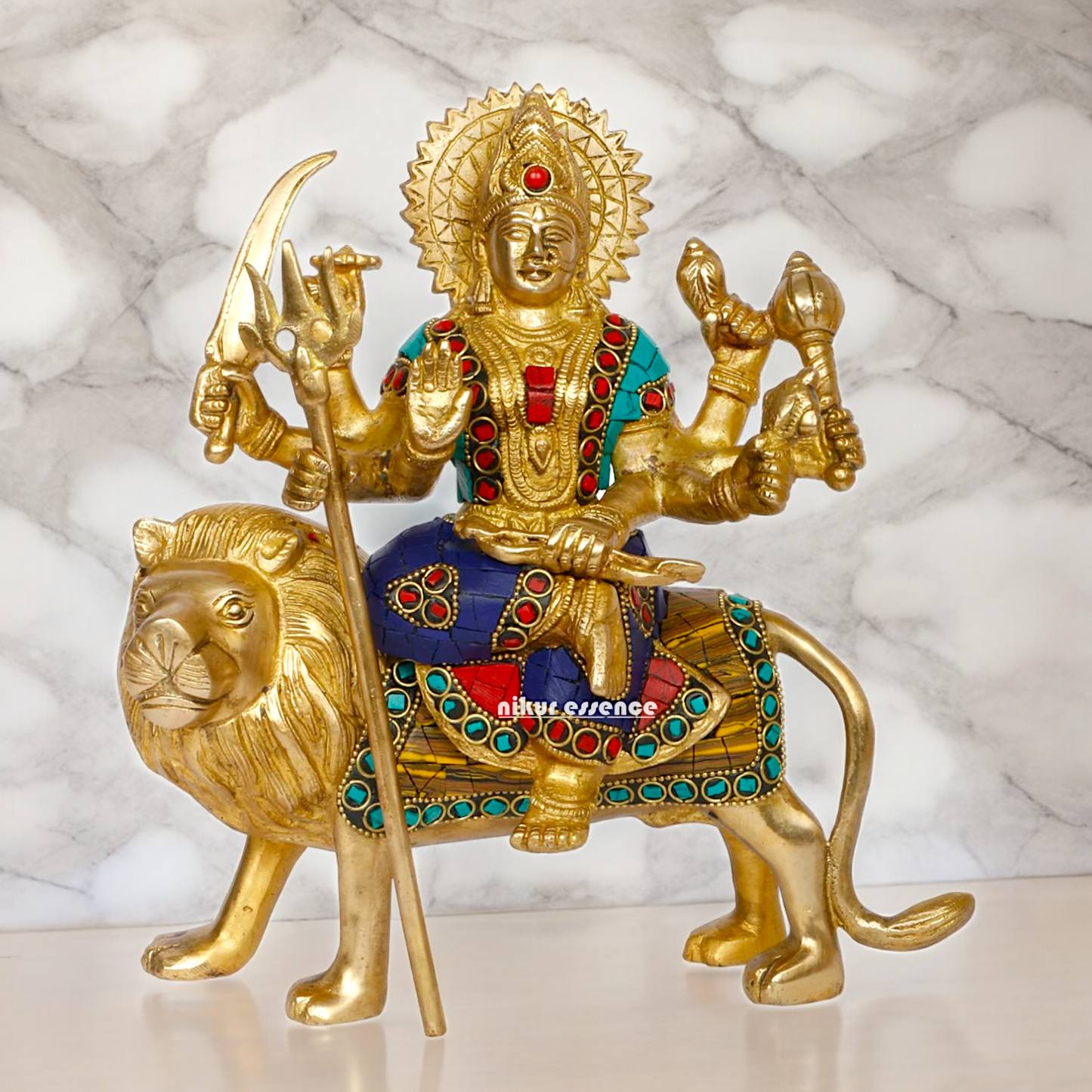 Pure Brass Sherwali Devi Maa Idol with Stone work - 9.5 Inch Nikuressence