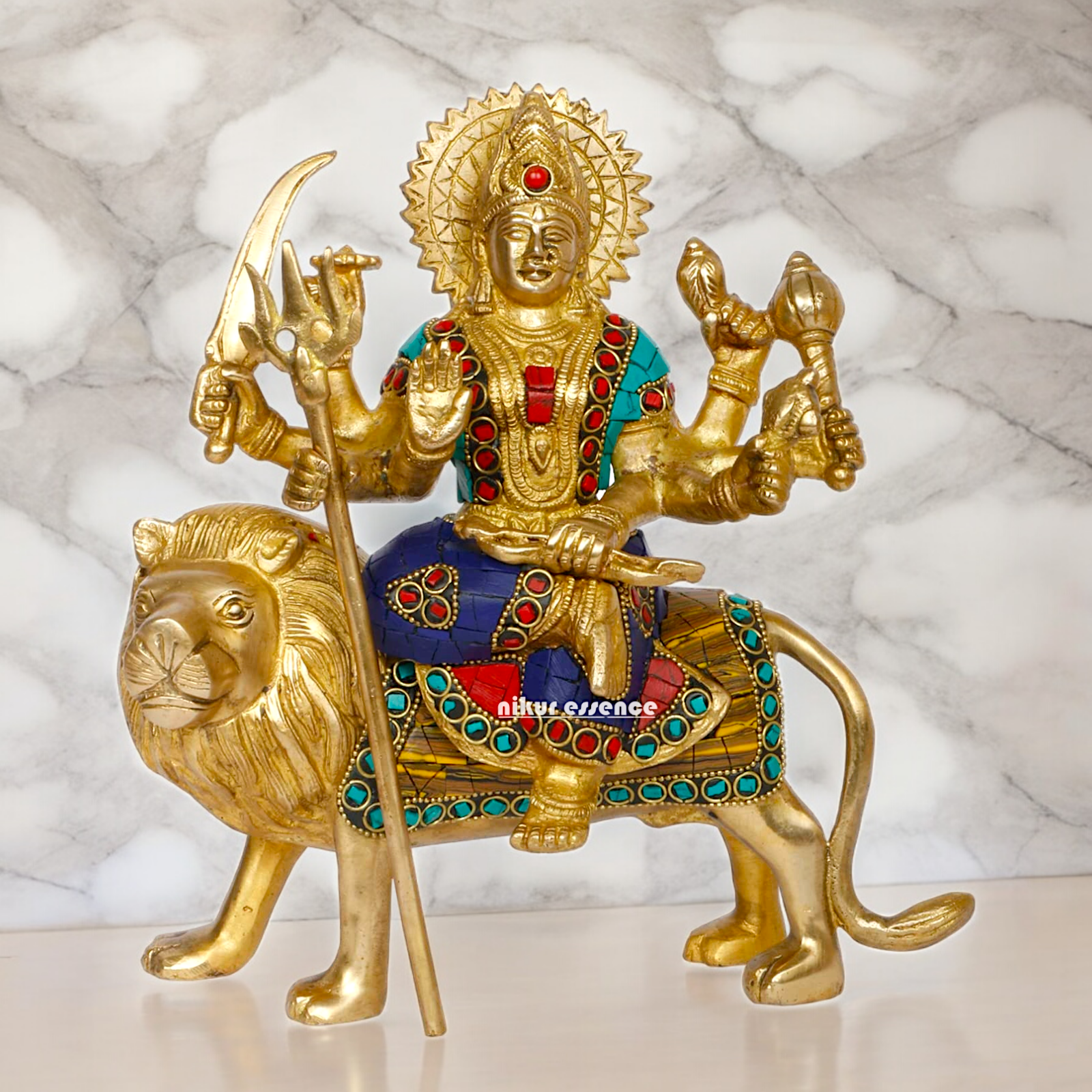 Pure Brass Sherwali Devi Maa Idol with Stone work - 9.5 Inch Nikuressence