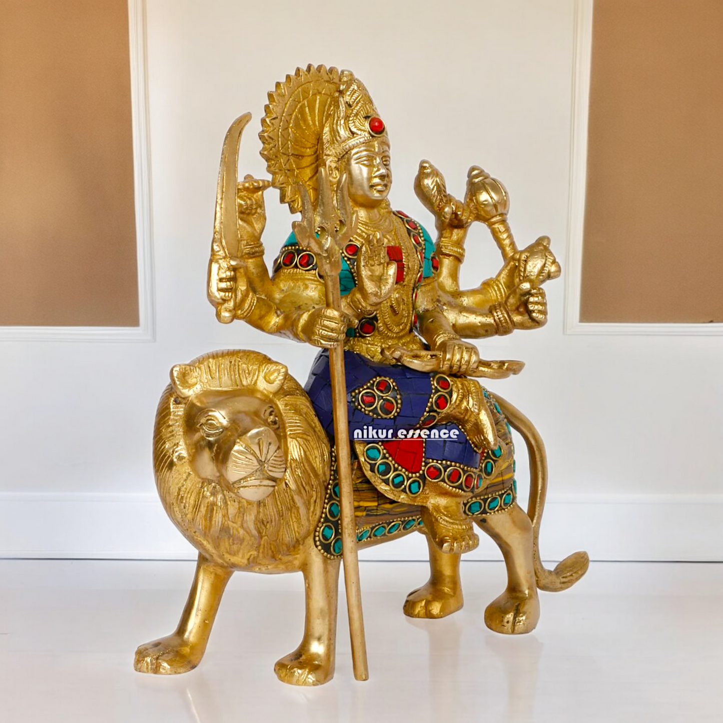 Pure Brass Sherwali Devi Maa Idol with Stone work - 9.5 Inch Nikuressence