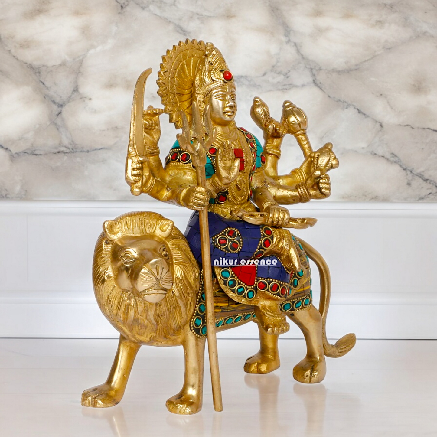 Pure Brass Sherwali Devi Maa Idol with Stone work - 9.5 Inch Nikuressence