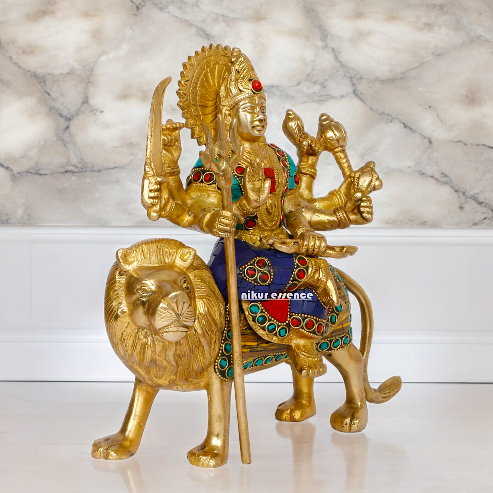 Pure Brass Sherwali Devi Maa Idol with Stone work - 9.5 Inch Nikuressence