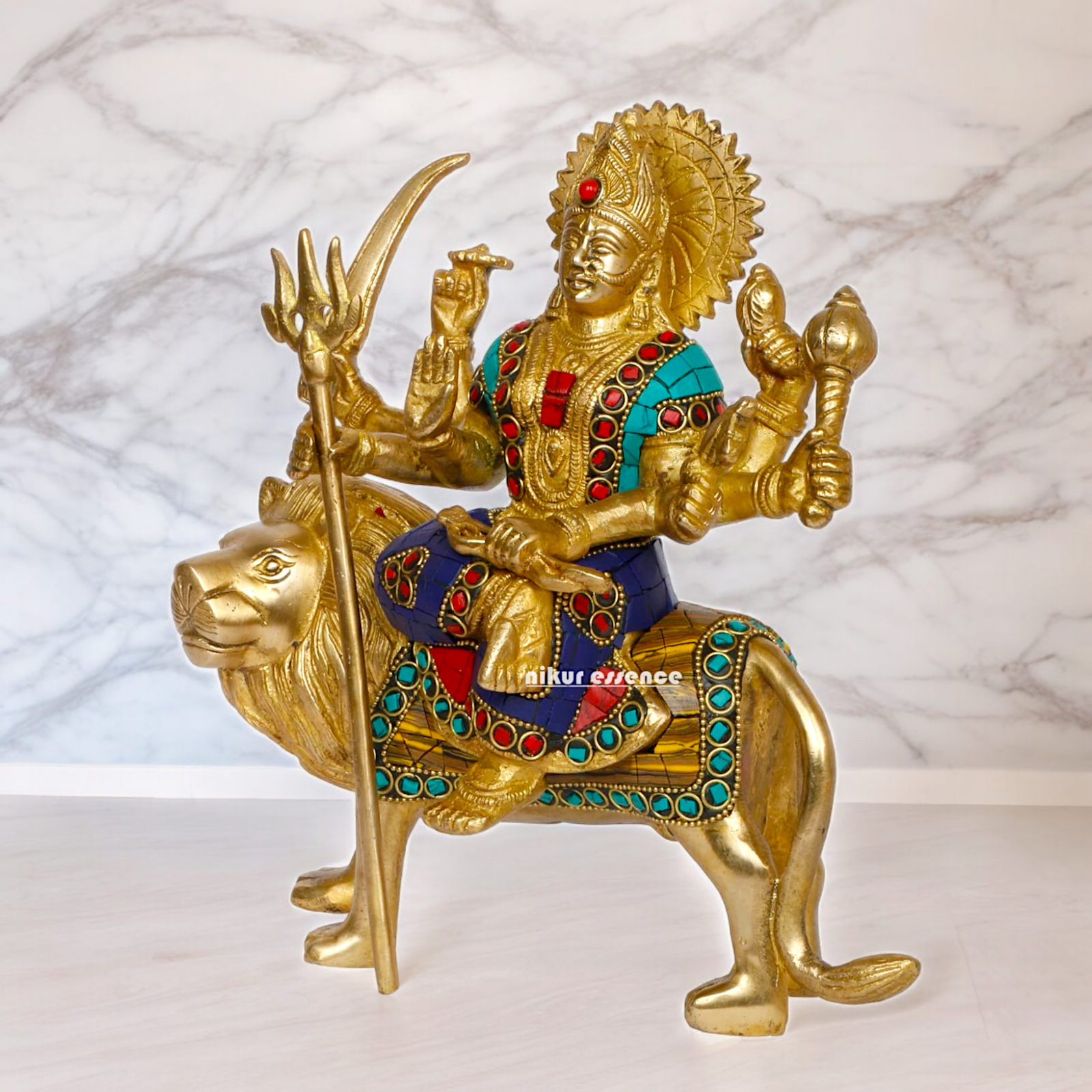 Pure Brass Sherwali Devi Maa Idol with Stone work - 9.5 Inch Nikuressence