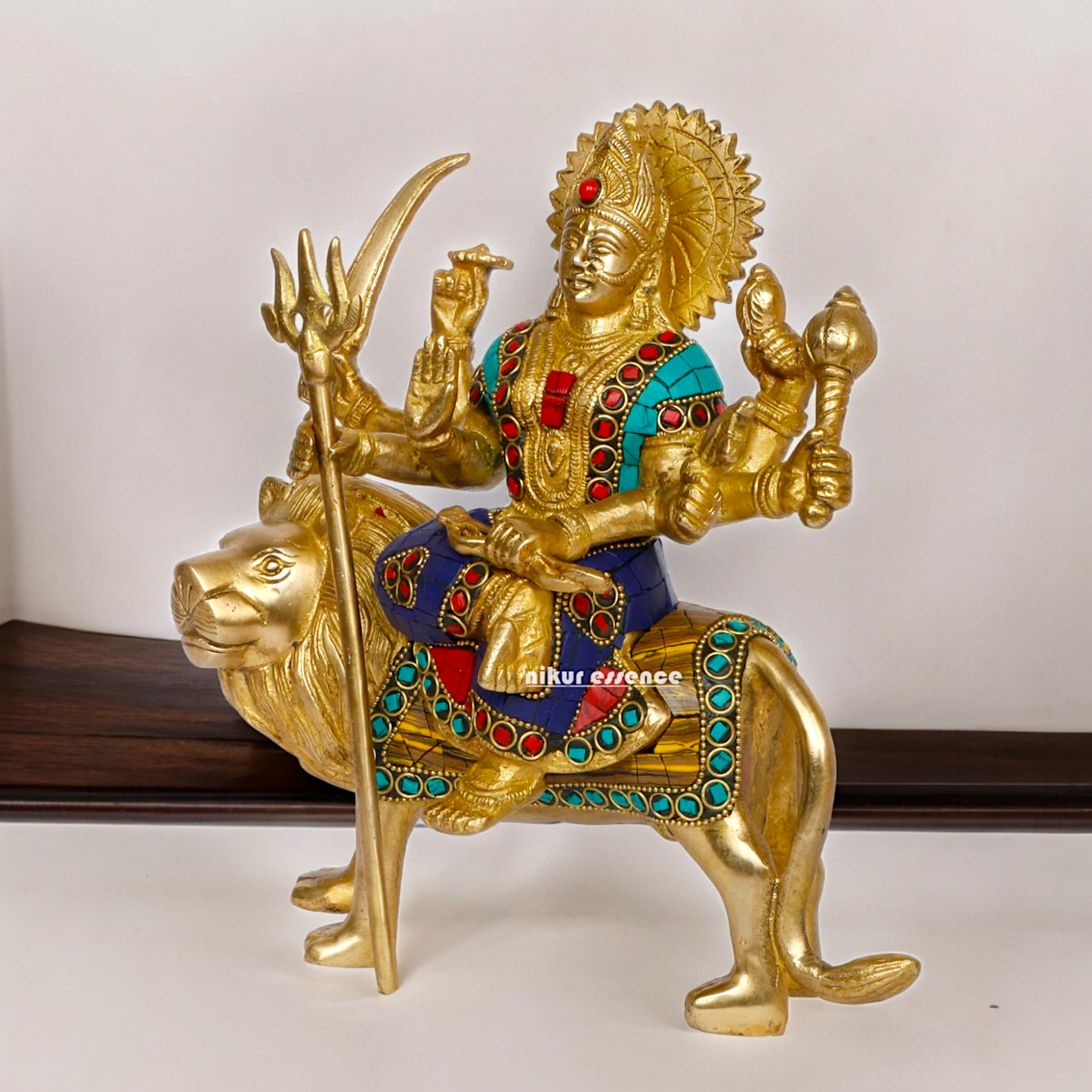 Pure Brass Sherwali Devi Maa Idol with Stone work - 9.5 Inch Nikuressence