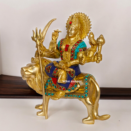 Pure Brass Sherwali Devi Maa Idol with Stone work - 9.5 Inch Nikuressence