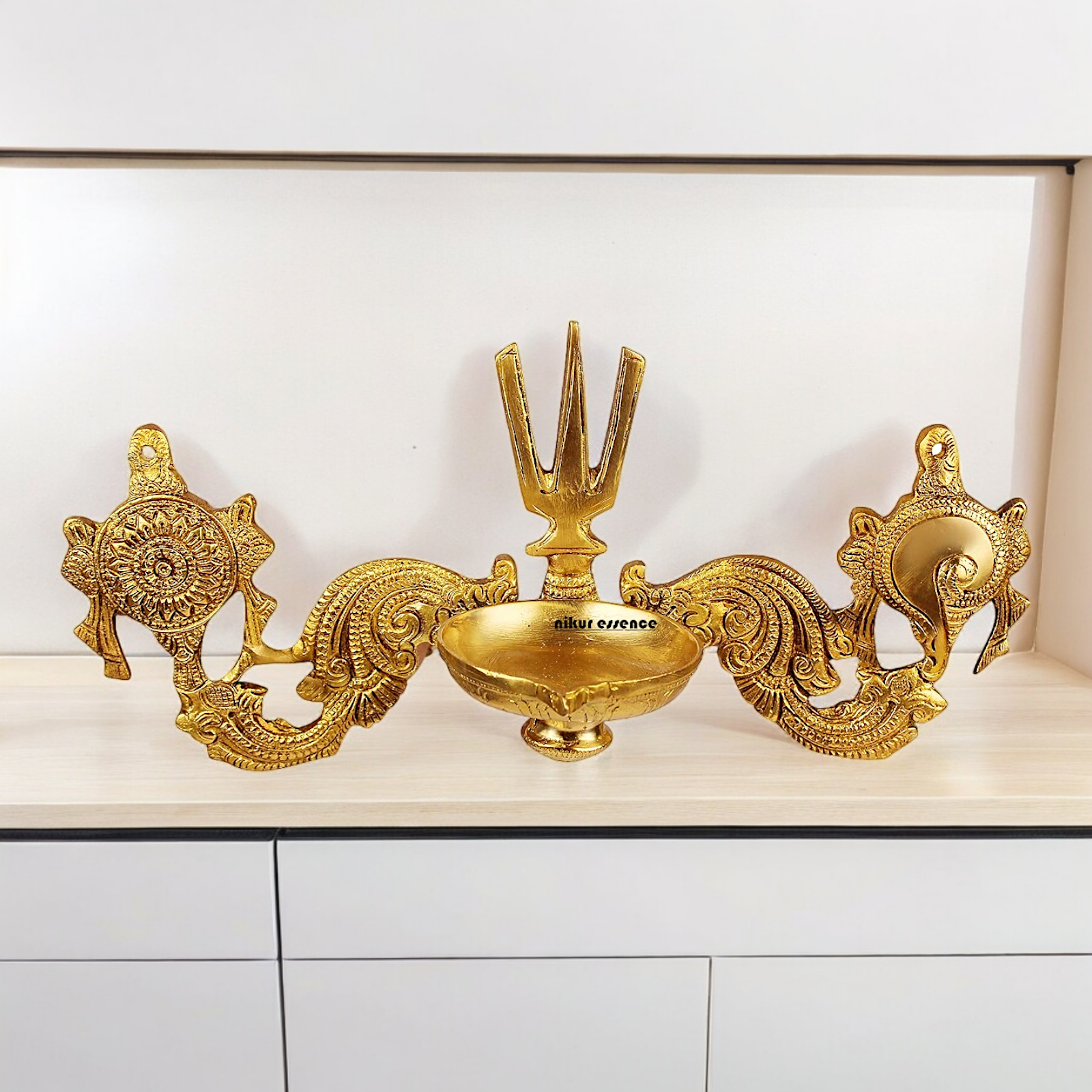 Buy Solid wall Brass Shankh chakra Namah diya - 12.5 inches Nikuressence