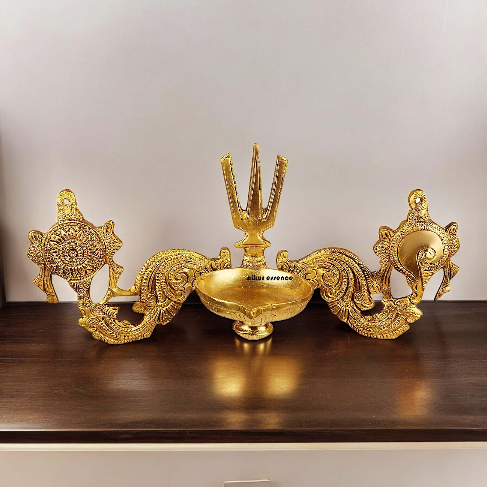 Buy Solid wall Brass Shankh chakra Namah diya - 12.5 inches Nikuressence