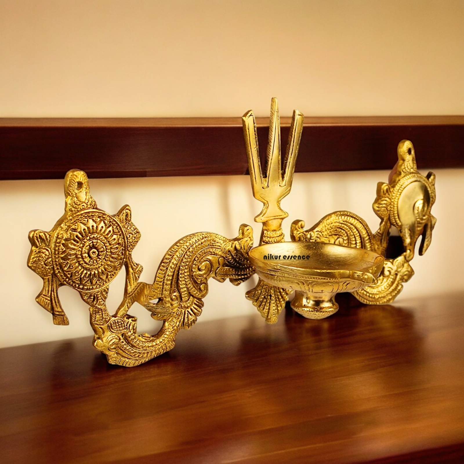 Buy Solid wall Brass Shankh chakra Namah diya - 12.5 inches Nikuressence