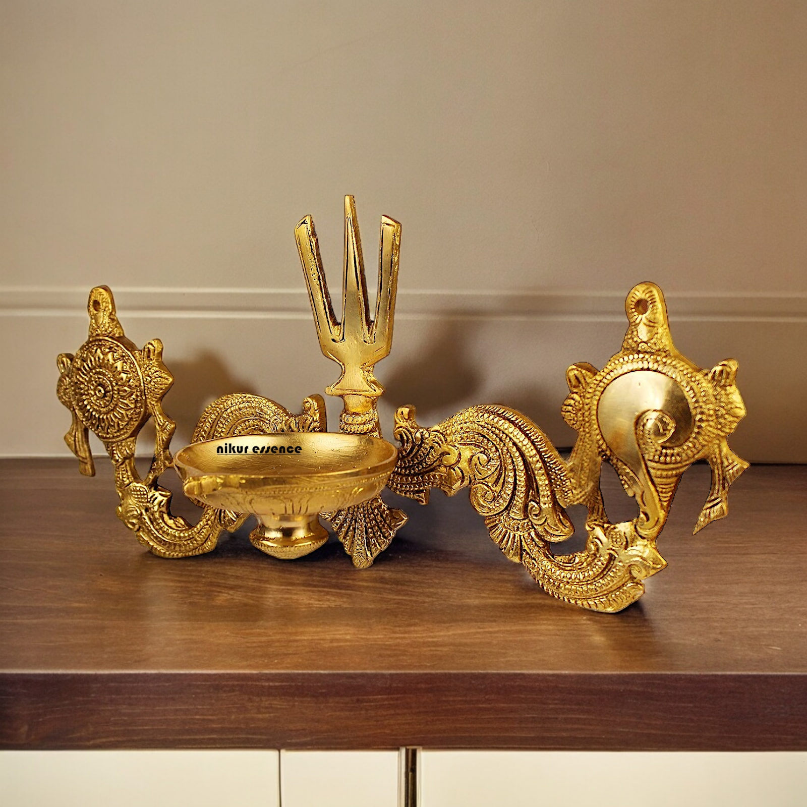 Buy Solid wall Brass Shankh chakra Namah diya - 12.5 inches Nikuressence