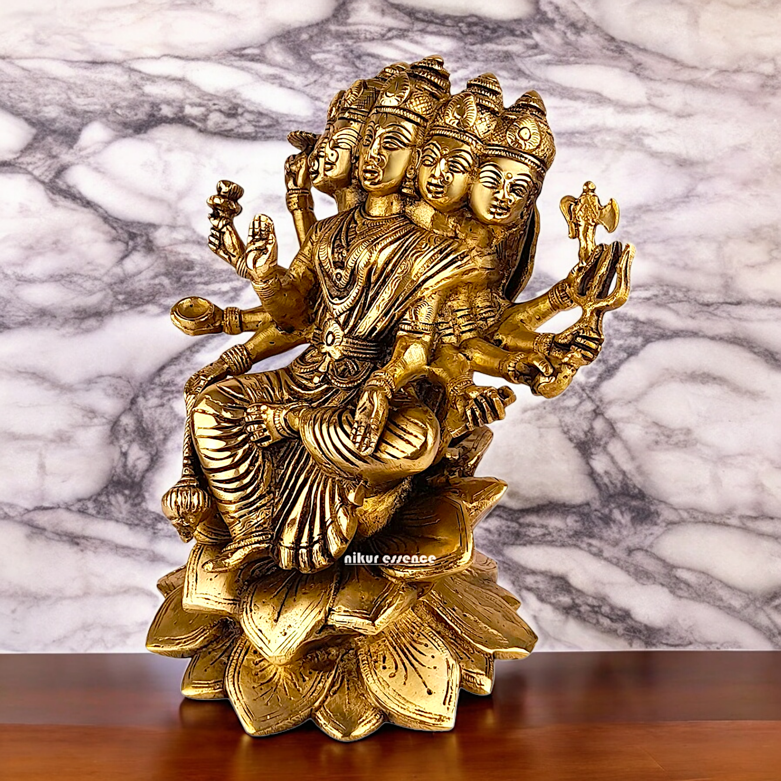 Goddess Gayatri Maa Sitting on Lotus Brass Idol - 9 inches Nikuressence