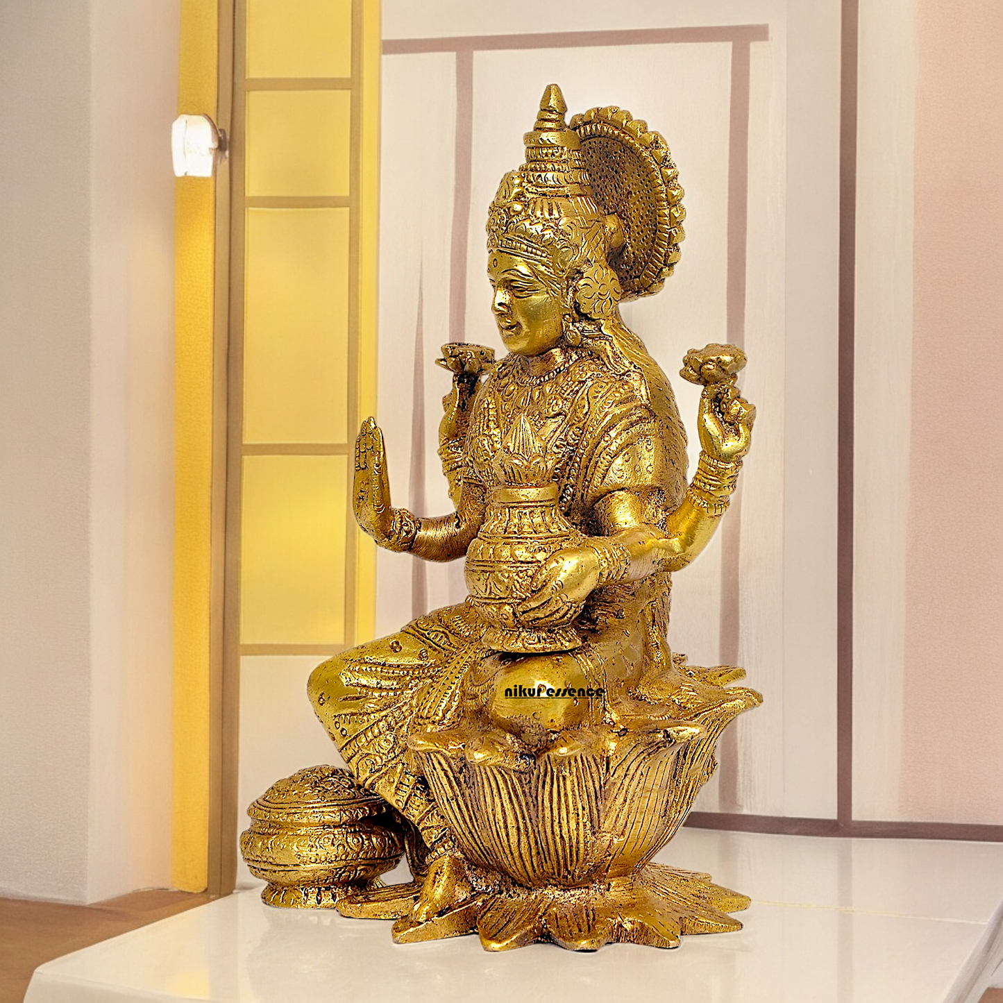 Online Brass Lakshmi Sitting on Lotus Idol - 7.25 inches Nikuressence