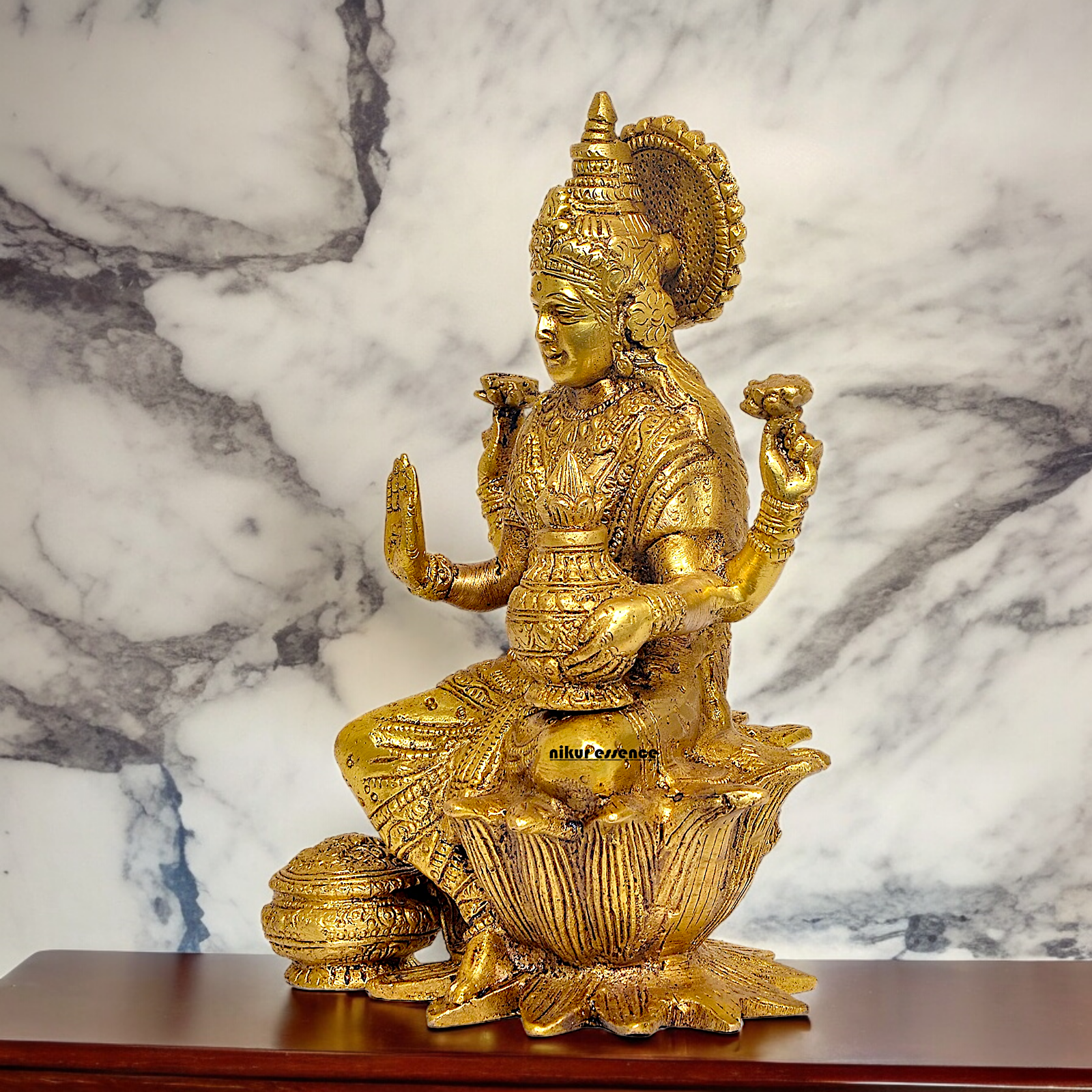 Online Brass Lakshmi Sitting on Lotus Idol - 7.25 inches Nikuressence